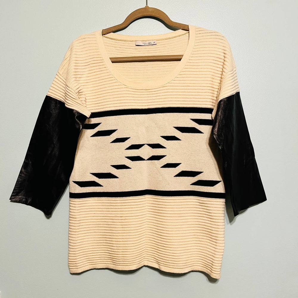 Townsen Women Large Cashmere Wool Blend Scoop Neck Sweater Cream Black Textured